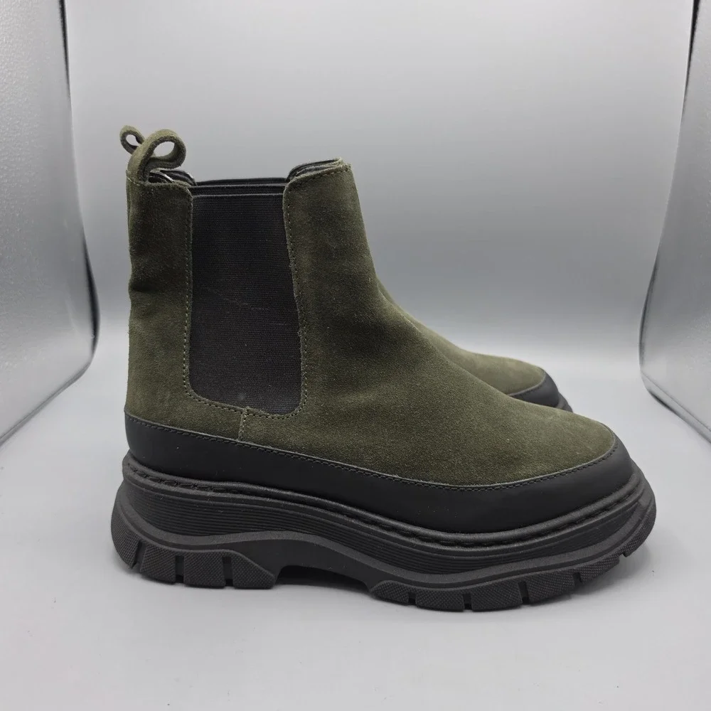 Maeve Anthropologie Chelsea Boots Womens 38 Green Suede Chunky Lug Sole Platform